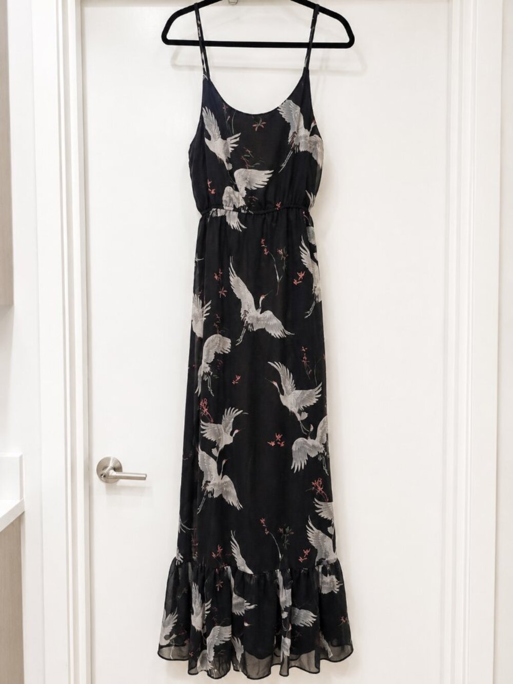 Black Crane Print Belted Maxi Dress